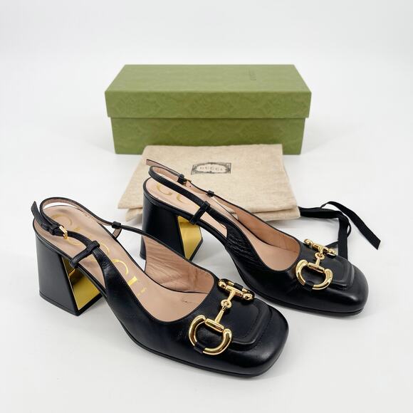 Gucci Black Leather Baby Horsebit Square Toe Block Heel Slingback Pumps EU 37 - Picture 1 of 12